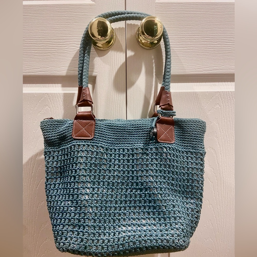 The Sak Cambria Woven Crochet Turquoise Blue Silver Underlay Handbag Boho Purse